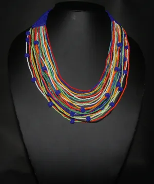 Tribal Beaded Multistrand African Necklace Navy & Multiple Colors