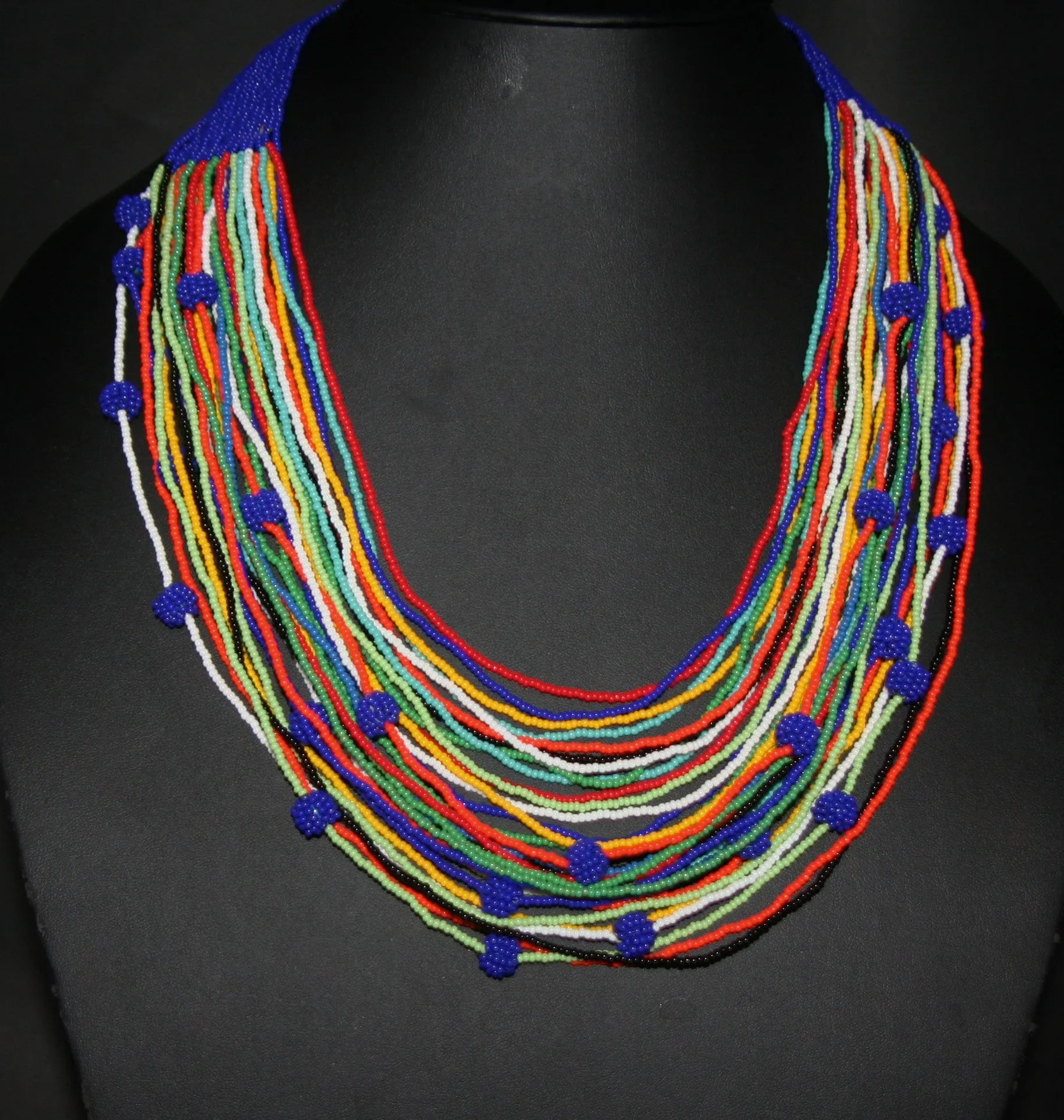Tribal Beaded Multistrand African Necklace Navy & Multiple Colors