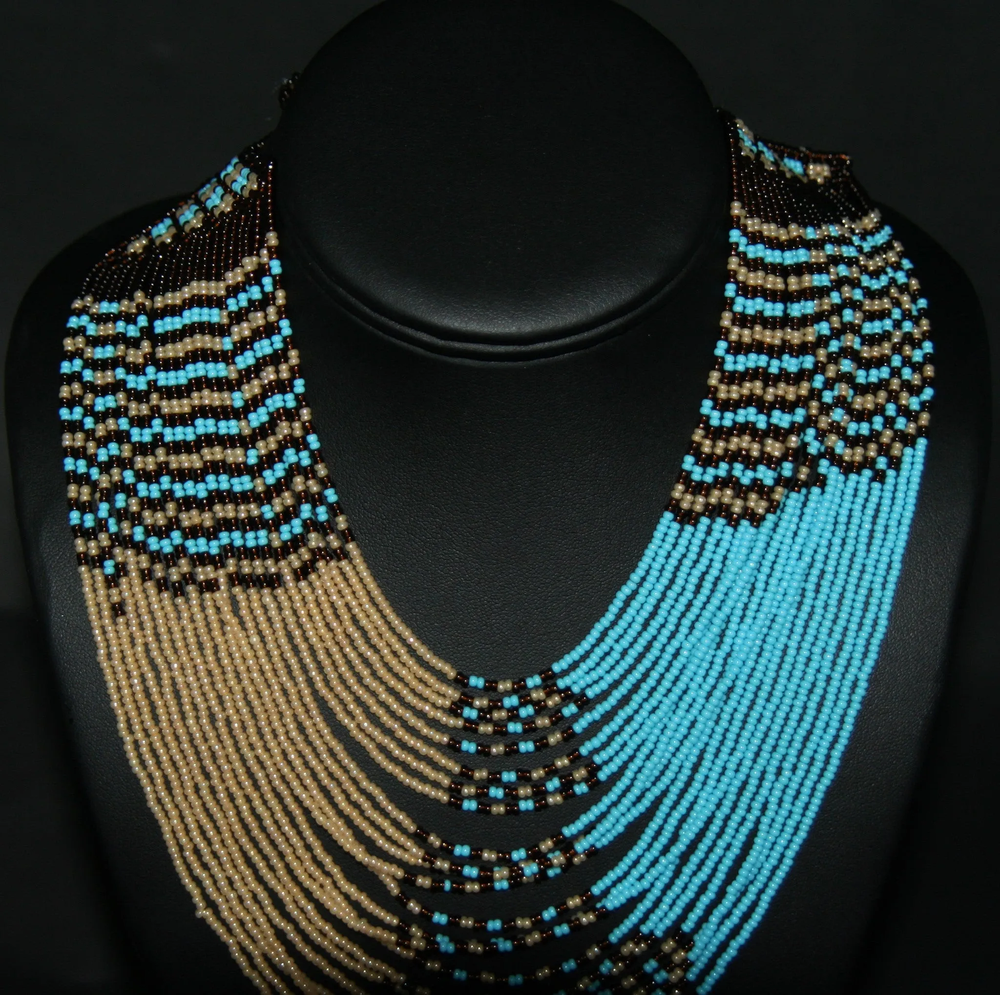 Tribal Beaded Waterfall Necklace TurquoiseBlue  Beige & Chocolate Colors