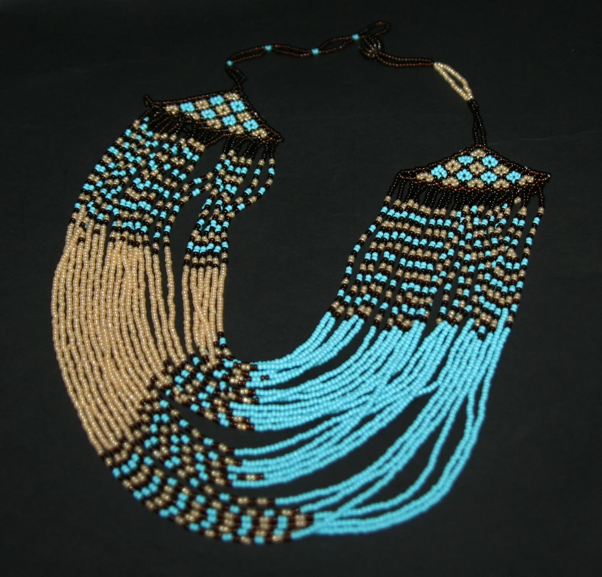 Tribal Beaded Waterfall Necklace TurquoiseBlue  Beige & Chocolate Colors