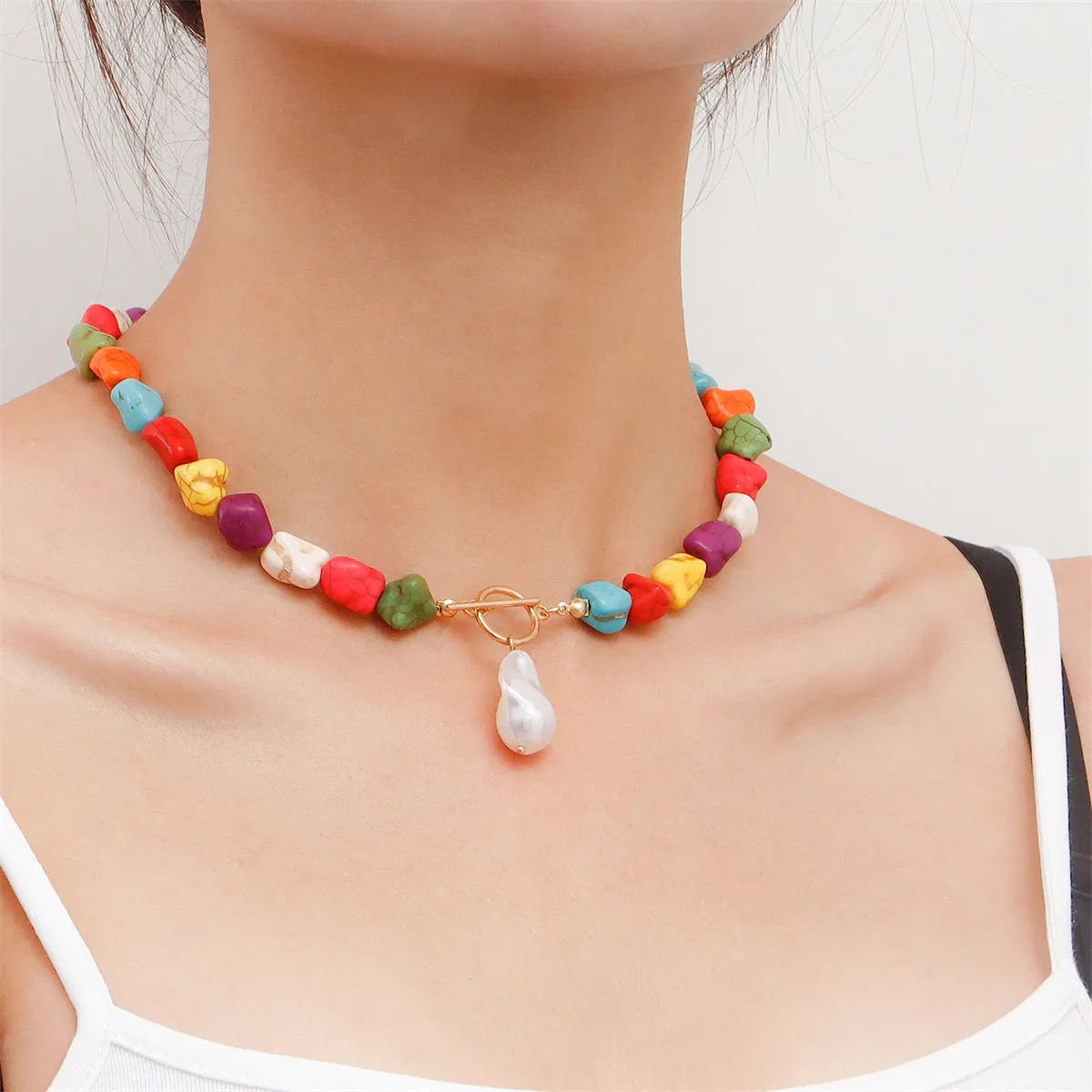 Turquoise & Pearl 18K Gold-Plated Toggle Pendant Necklace