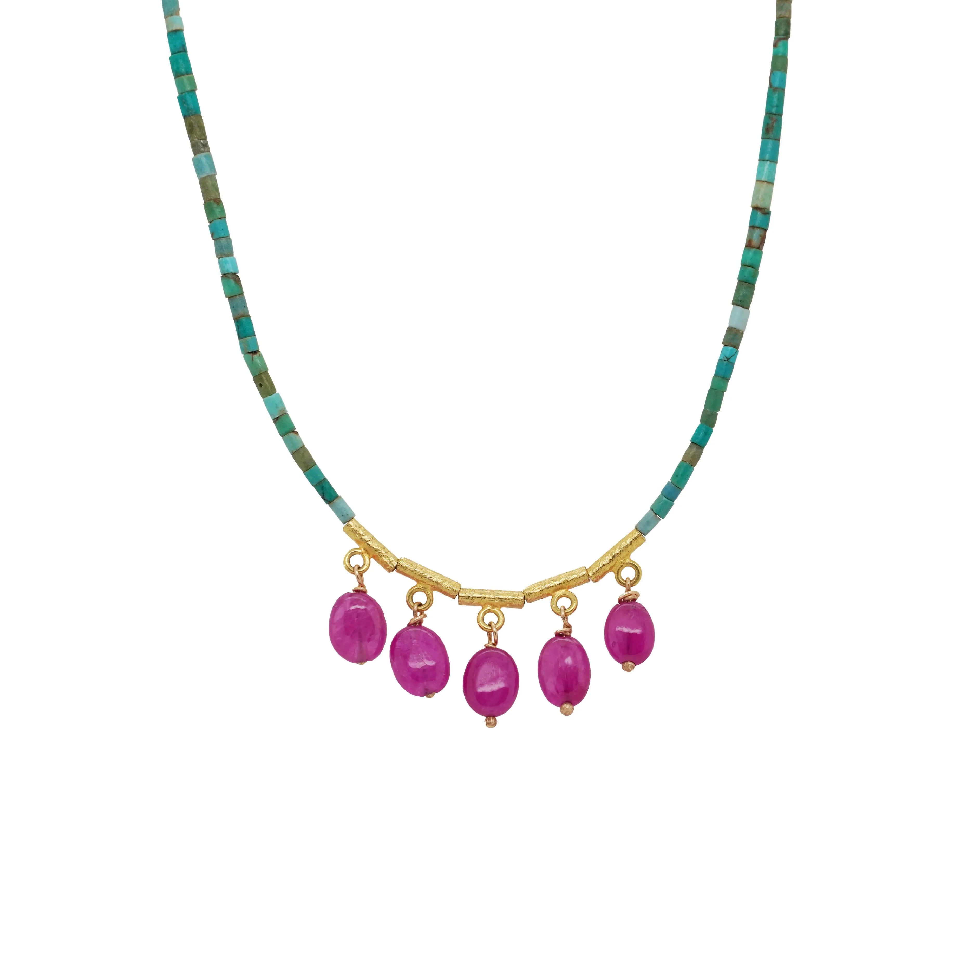 Turquoise Necklace with Five Ruby Drops