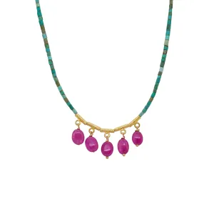 Turquoise Necklace with Five Ruby Drops