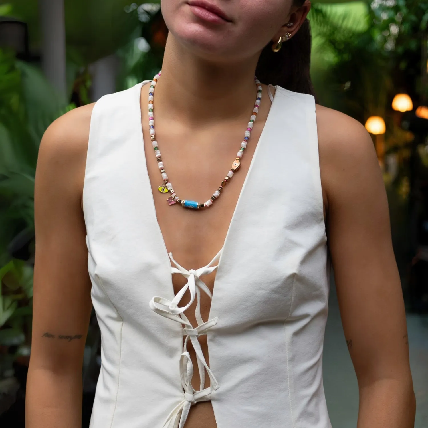 Vibrant Life Pearl Necklace with Evil Eye & Butterfly Charms