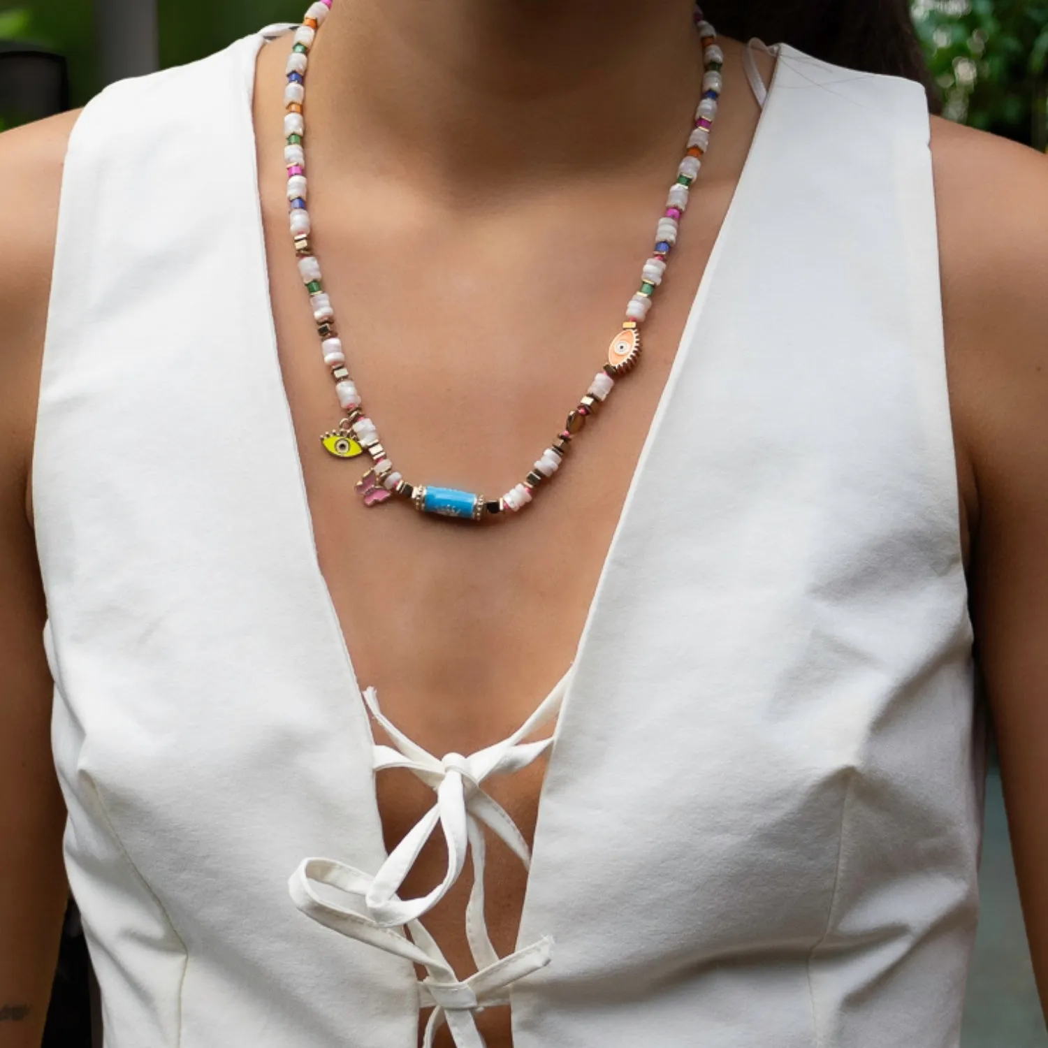 Vibrant Life Pearl Necklace with Evil Eye & Butterfly Charms