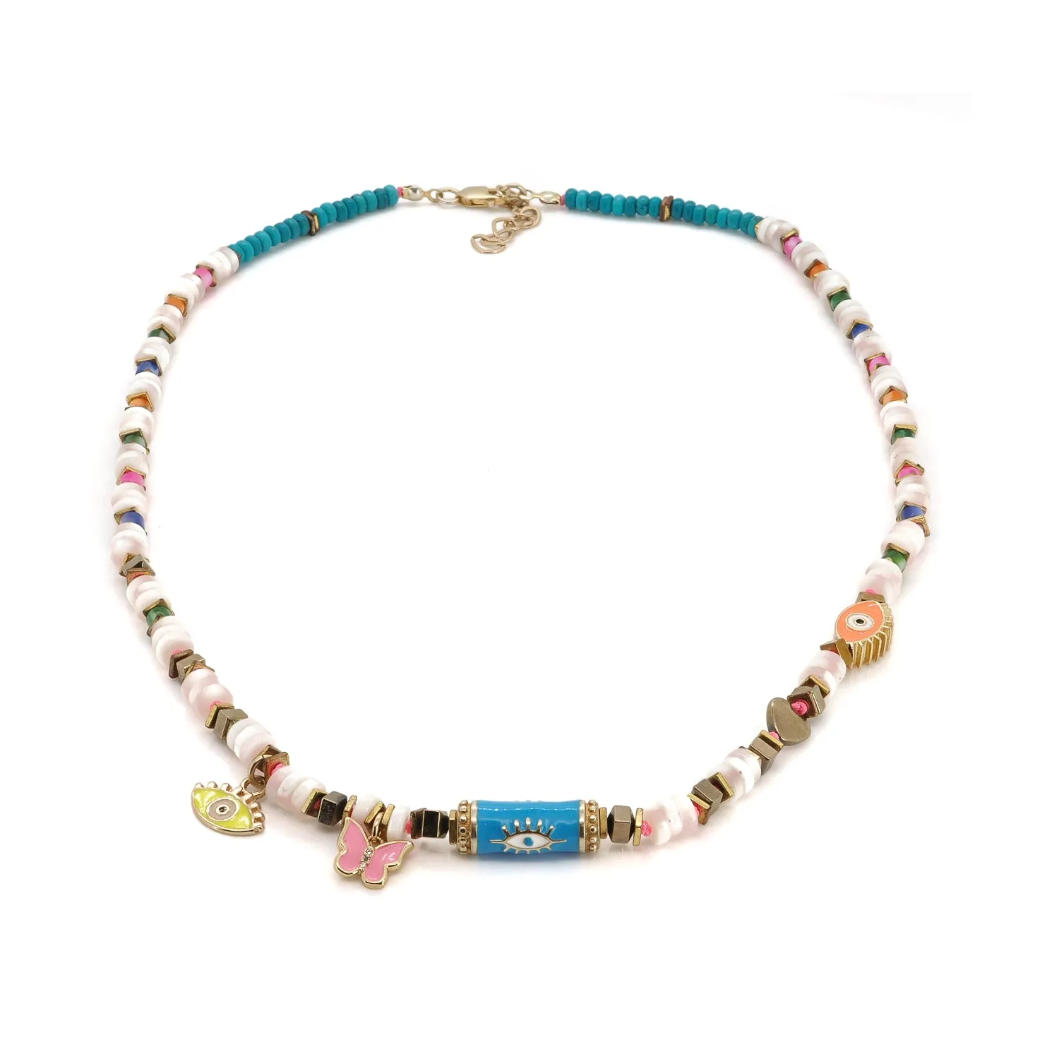 Vibrant Life Pearl Necklace with Evil Eye & Butterfly Charms