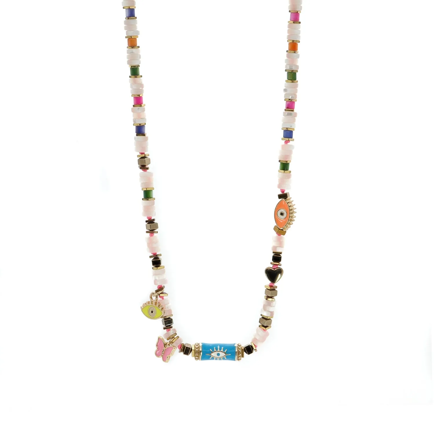 Vibrant Life Pearl Necklace with Evil Eye & Butterfly Charms