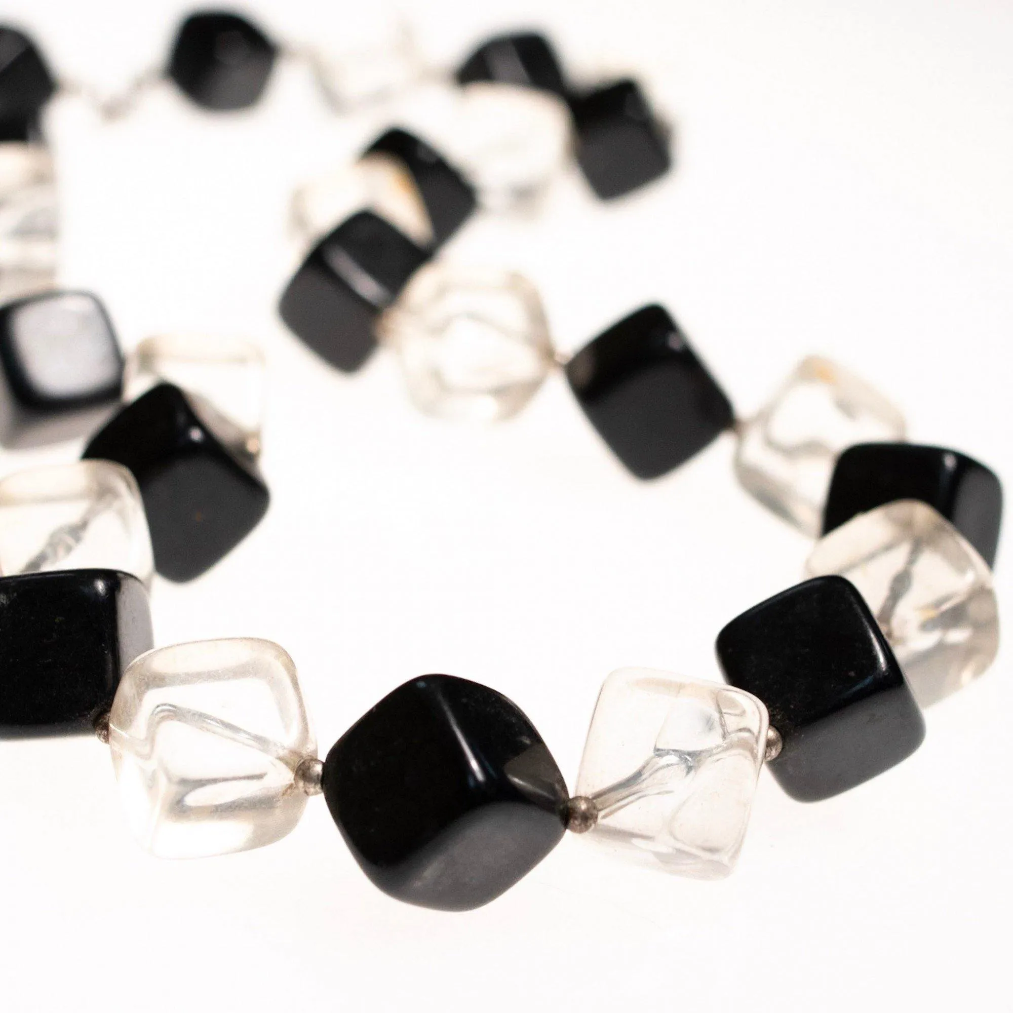 Vintage 1950s Square Clear and Black Chunky Lucite Beaded Necklace