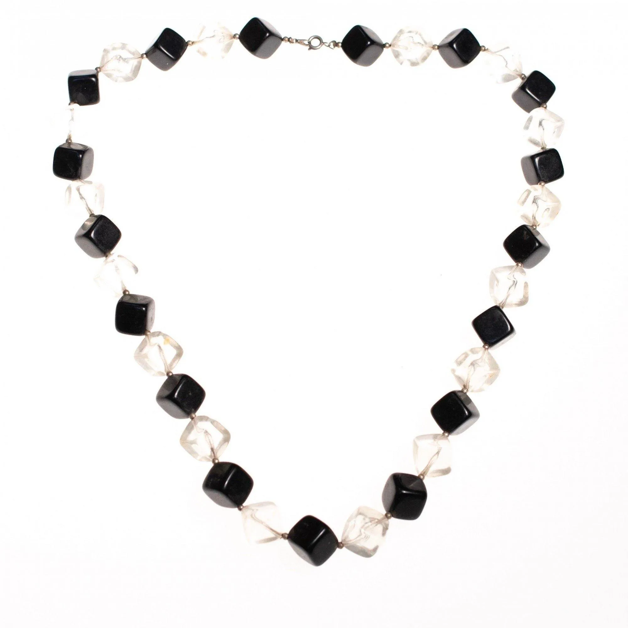 Vintage 1950s Square Clear and Black Chunky Lucite Beaded Necklace