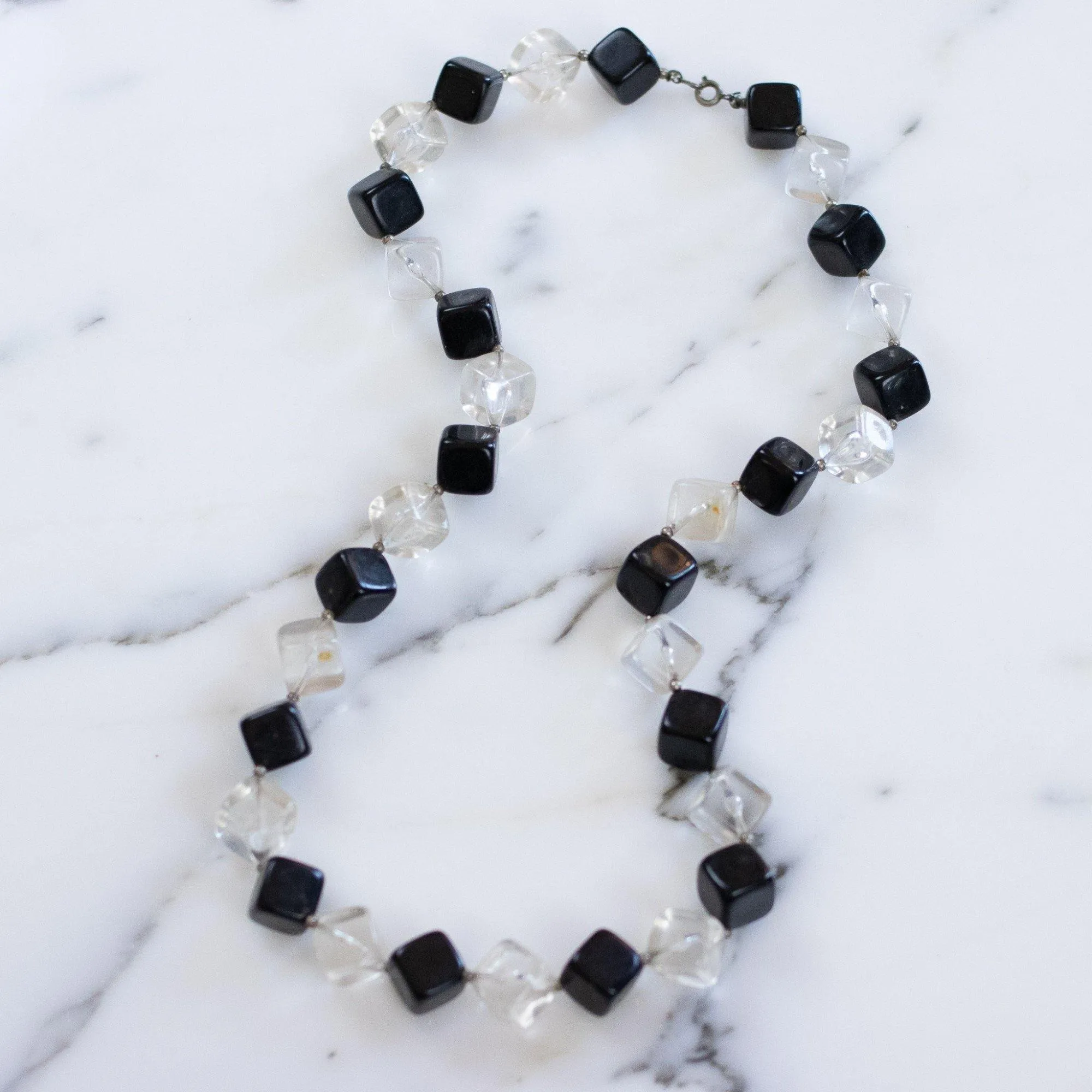 Vintage 1950s Square Clear and Black Chunky Lucite Beaded Necklace