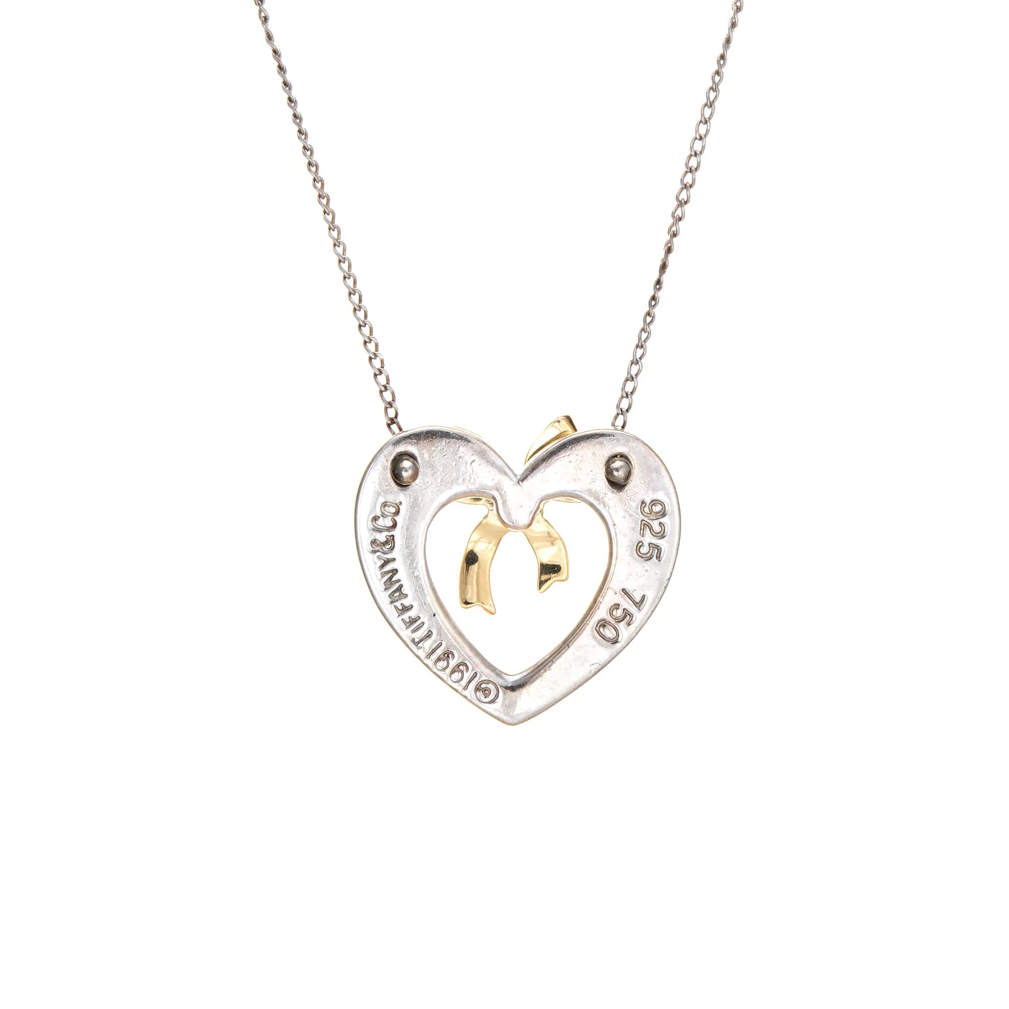 Vintage c1991 Tiffany & Co Bow Necklace Heart Sterling Silver 18k Yellow Gold