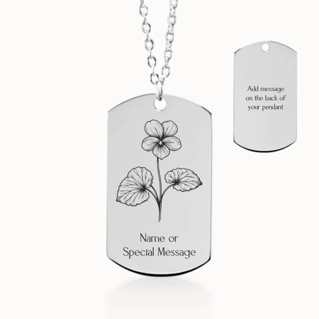 Violet Birth Flower Tag Pendant on Fine Chain