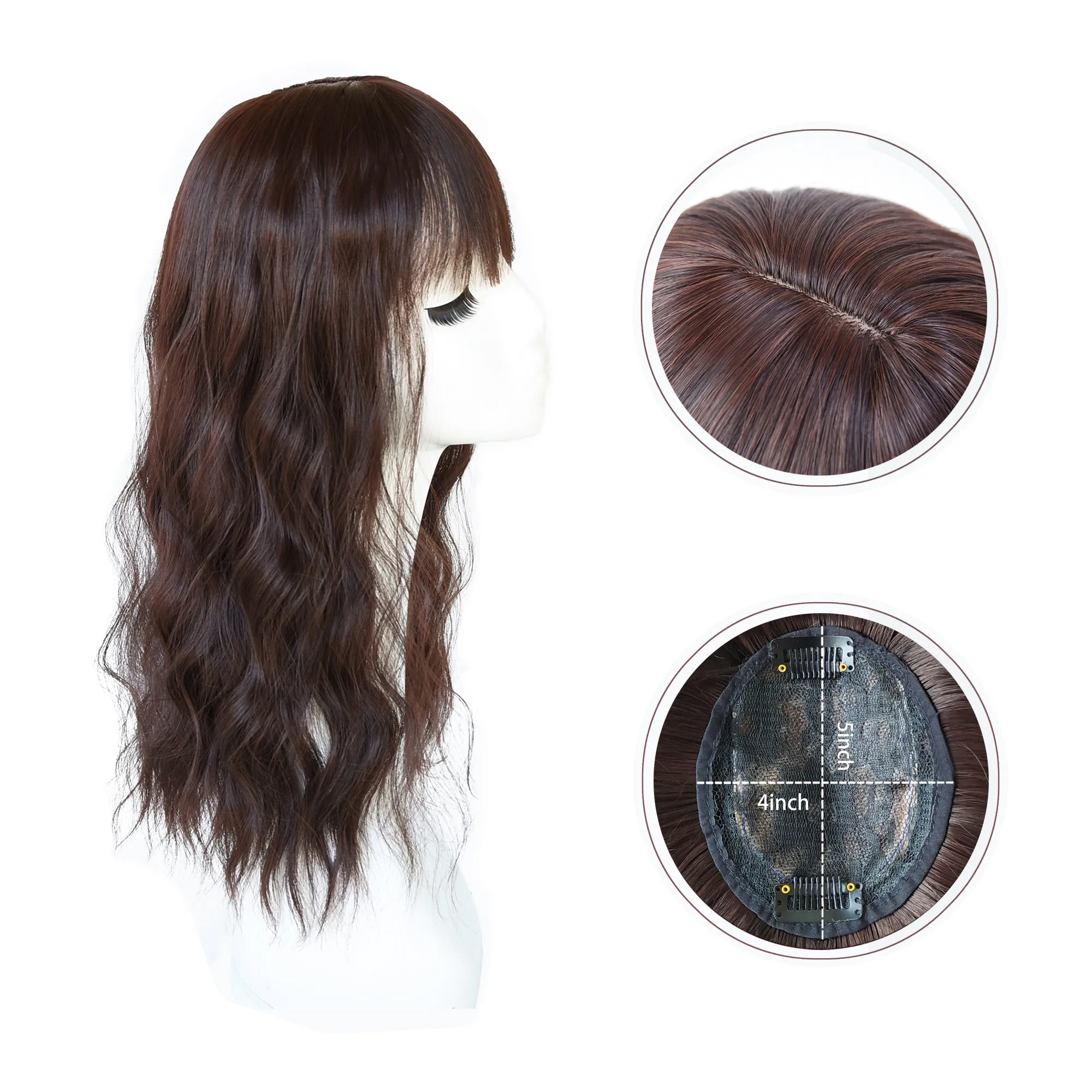 Viviabella Loose Water Wavy Hairpiece Clip in Fluffy Crown Topper With Choppy Bangs Synthetic Hair Toupee for Women Girls