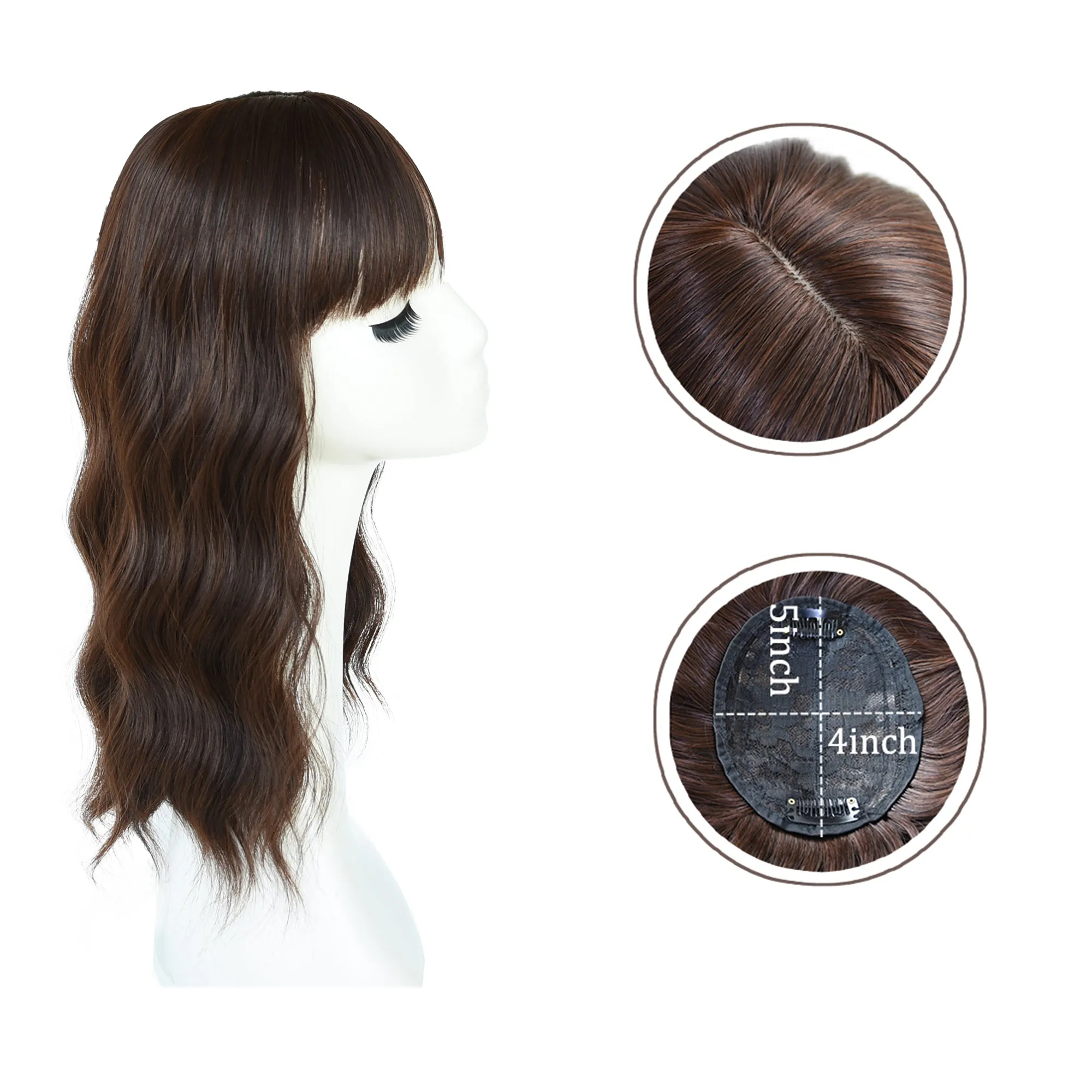 Viviabella Loose Water Wavy Hairpiece Clip in Fluffy Crown Topper With Choppy Bangs Synthetic Hair Toupee for Women Girls