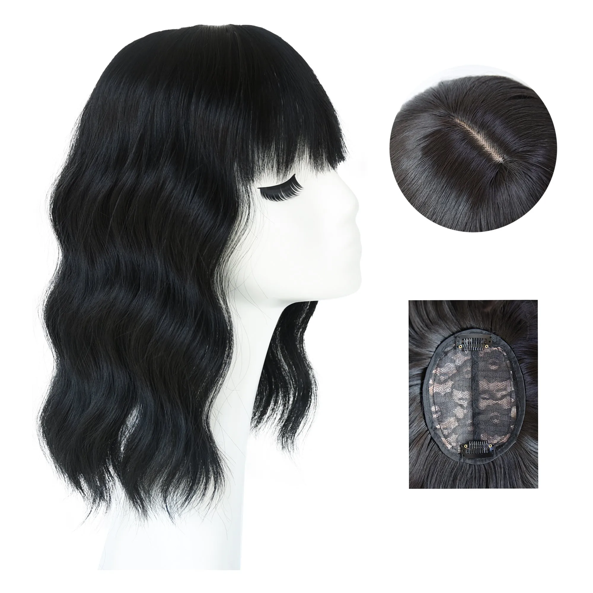 Viviabella Loose Water Wavy Hairpiece Clip in Fluffy Crown Topper With Choppy Bangs Synthetic Hair Toupee for Women Girls