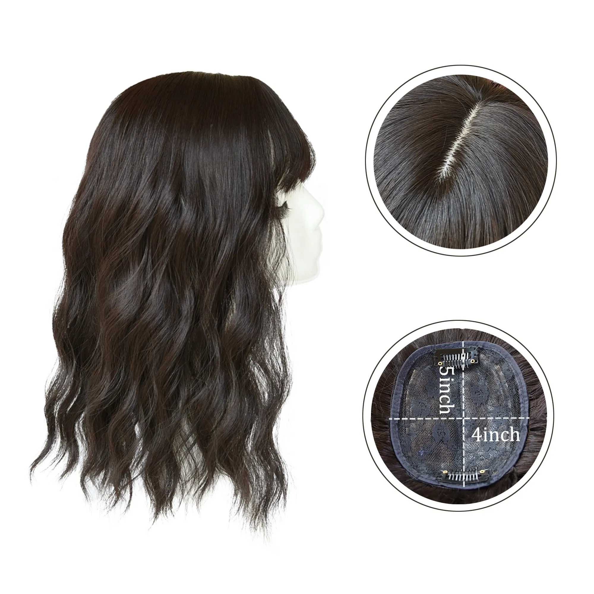 Viviabella Loose Water Wavy Hairpiece Clip in Fluffy Crown Topper With Choppy Bangs Synthetic Hair Toupee for Women Girls