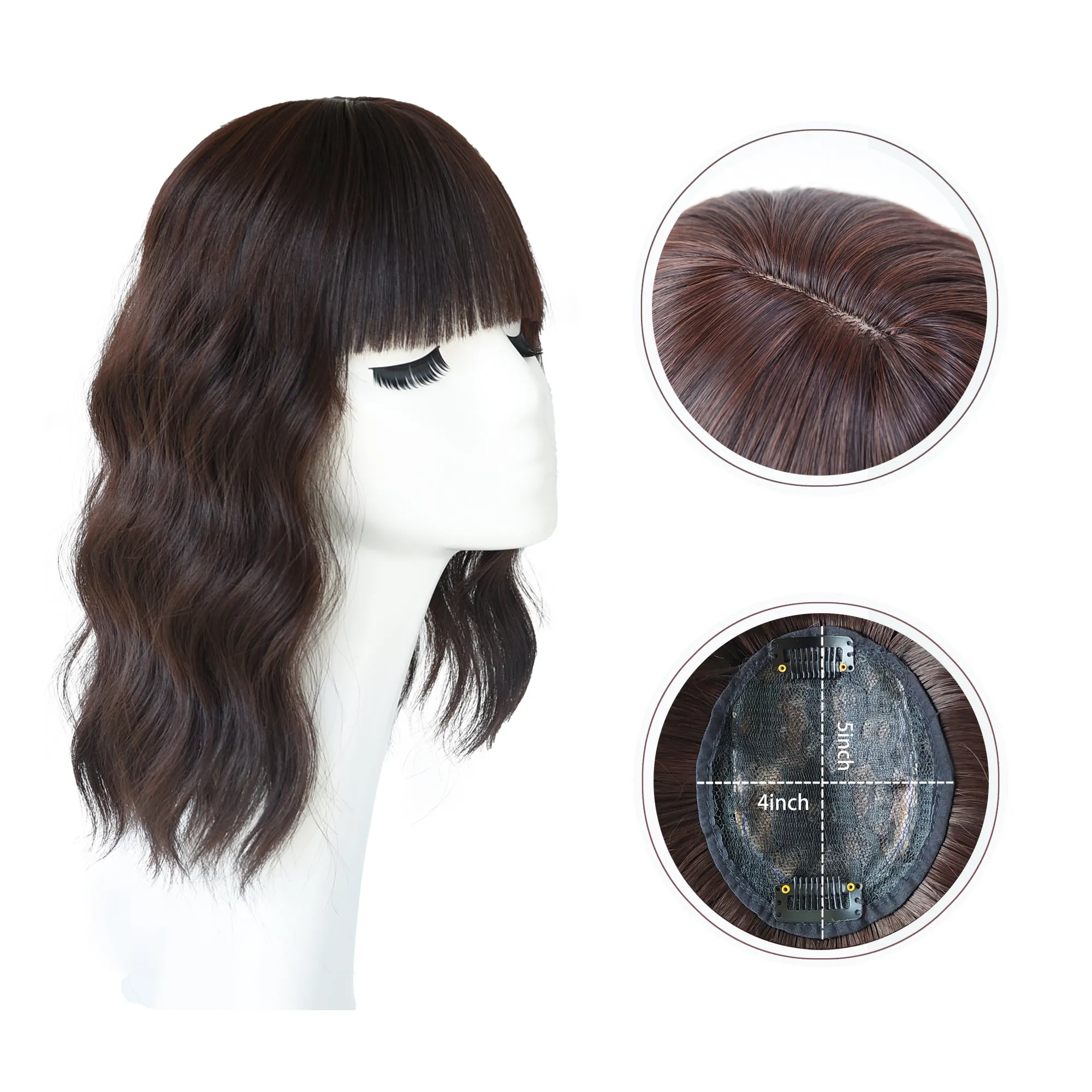 Viviabella Loose Water Wavy Hairpiece Clip in Fluffy Crown Topper With Choppy Bangs Synthetic Hair Toupee for Women Girls