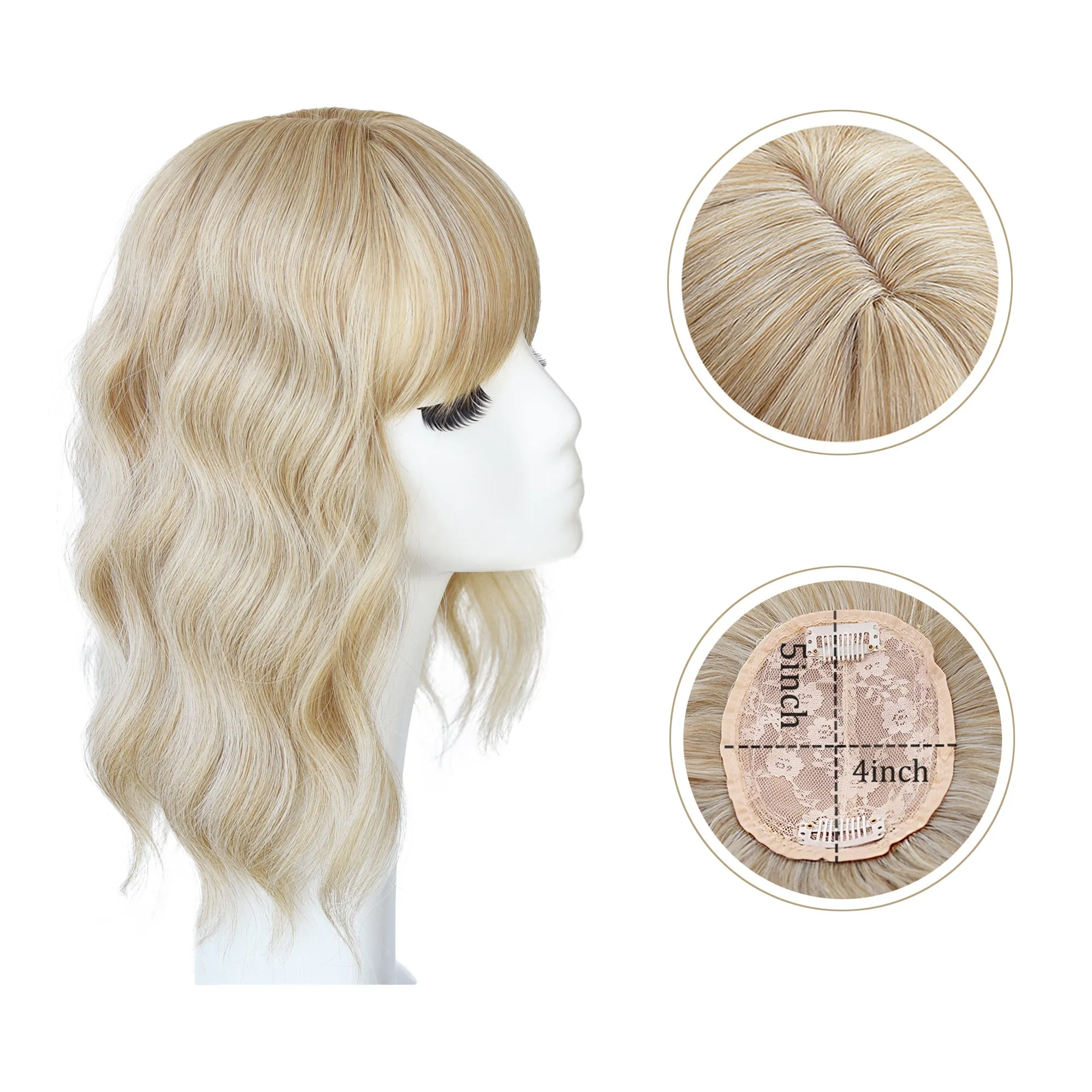 Viviabella Loose Water Wavy Hairpiece Clip in Fluffy Crown Topper With Choppy Bangs Synthetic Hair Toupee for Women Girls