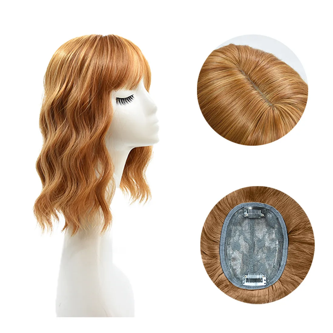Viviabella Loose Water Wavy Hairpiece Clip in Fluffy Crown Topper With Choppy Bangs Synthetic Hair Toupee for Women Girls