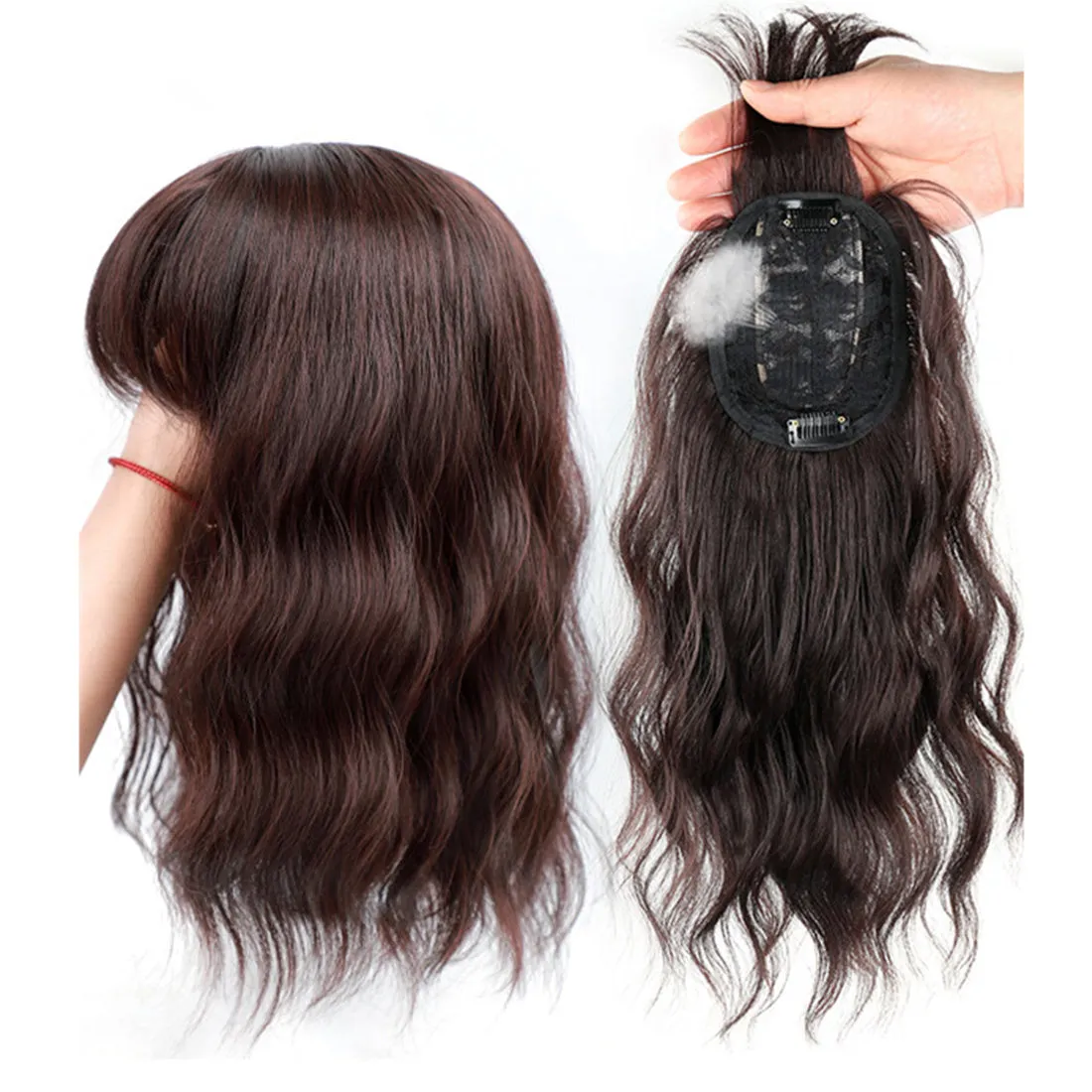 Viviabella Loose Water Wavy Hairpiece Clip in Fluffy Crown Topper With Choppy Bangs Synthetic Hair Toupee for Women Girls