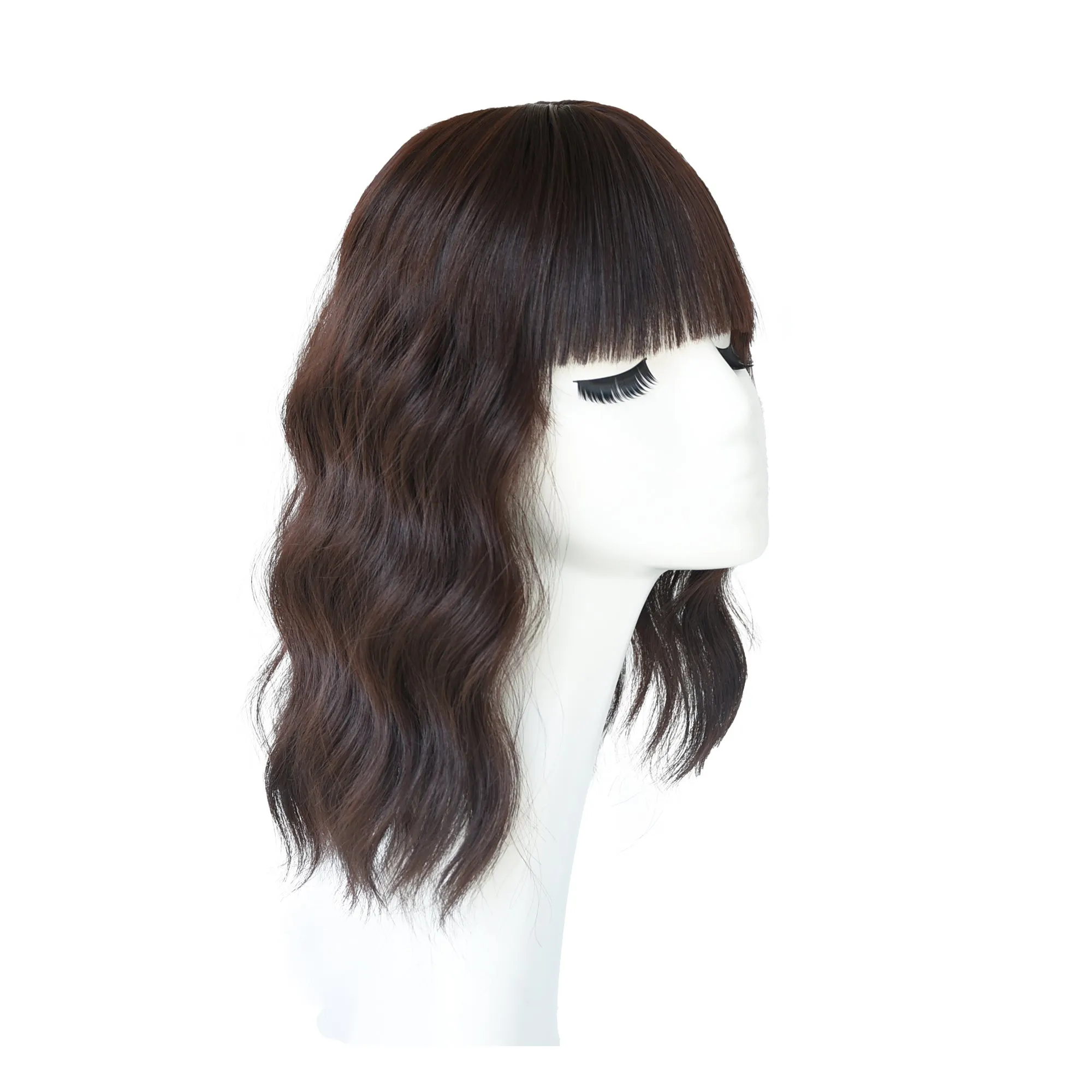 Viviabella Loose Water Wavy Hairpiece Clip in Fluffy Crown Topper With Choppy Bangs Synthetic Hair Toupee for Women Girls