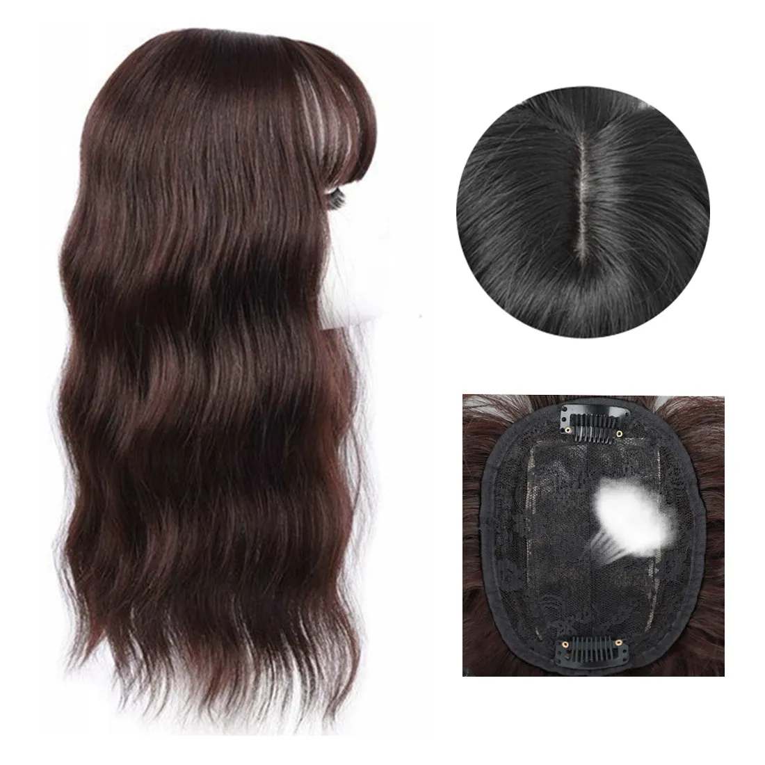 Viviabella Loose Water Wavy Hairpiece Clip in Fluffy Crown Topper With Choppy Bangs Synthetic Hair Toupee for Women Girls