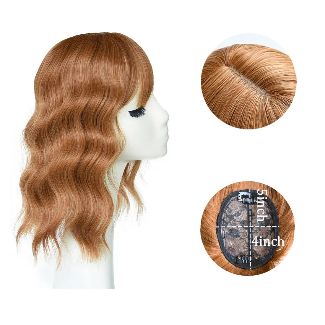 Viviabella Loose Water Wavy Hairpiece Clip in Fluffy Crown Topper With Choppy Bangs Synthetic Hair Toupee for Women Girls