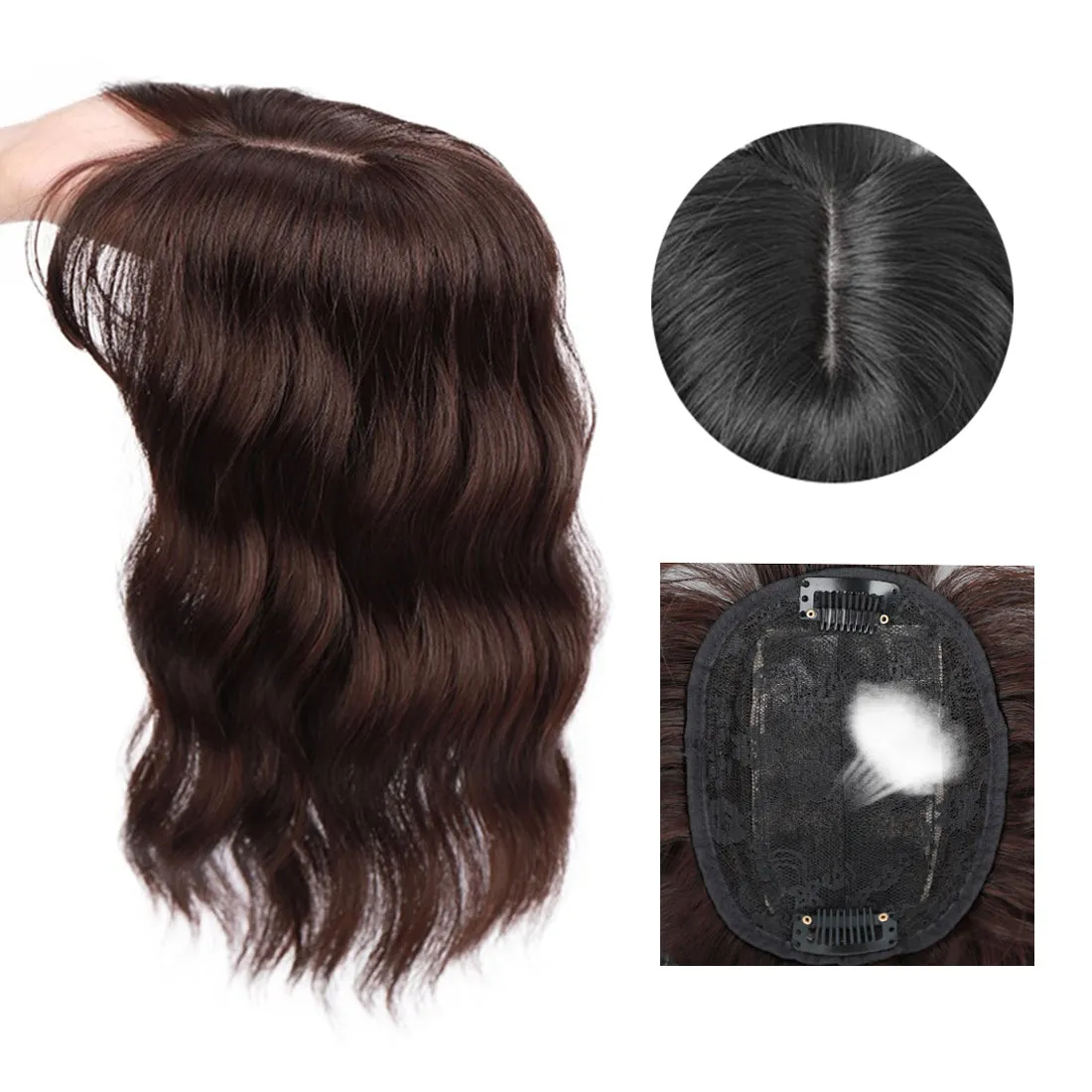 Viviabella Loose Water Wavy Hairpiece Clip in Fluffy Crown Topper With Choppy Bangs Synthetic Hair Toupee for Women Girls