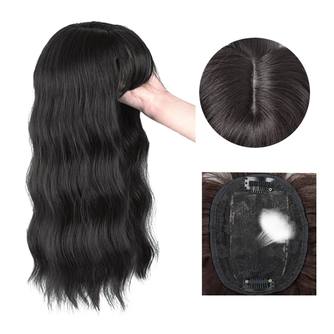 Viviabella Loose Water Wavy Hairpiece Clip in Fluffy Crown Topper With Choppy Bangs Synthetic Hair Toupee for Women Girls