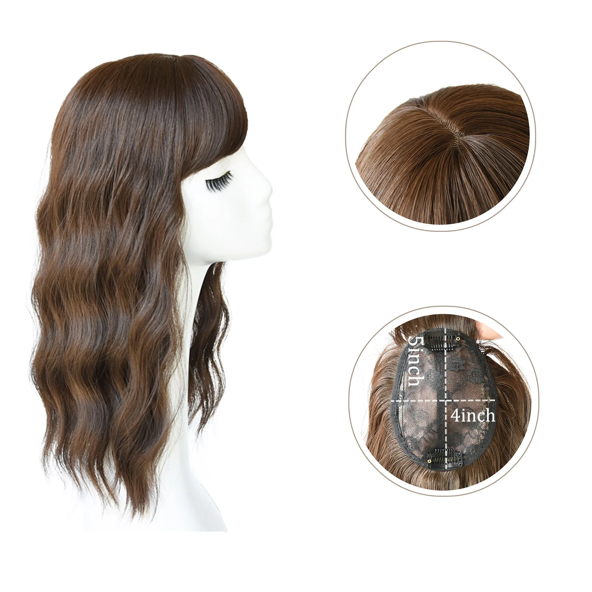 Viviabella Loose Water Wavy Hairpiece Clip in Fluffy Crown Topper With Choppy Bangs Synthetic Hair Toupee for Women Girls