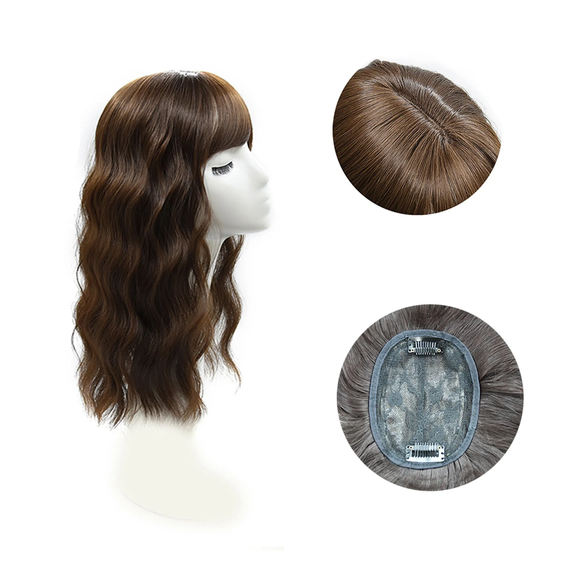 Viviabella Loose Water Wavy Hairpiece Clip in Fluffy Crown Topper With Choppy Bangs Synthetic Hair Toupee for Women Girls