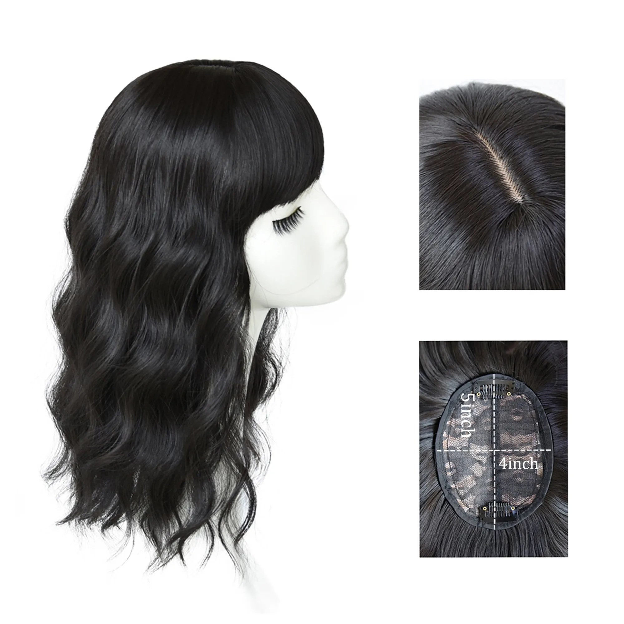 Viviabella Loose Water Wavy Hairpiece Clip in Fluffy Crown Topper With Choppy Bangs Synthetic Hair Toupee for Women Girls