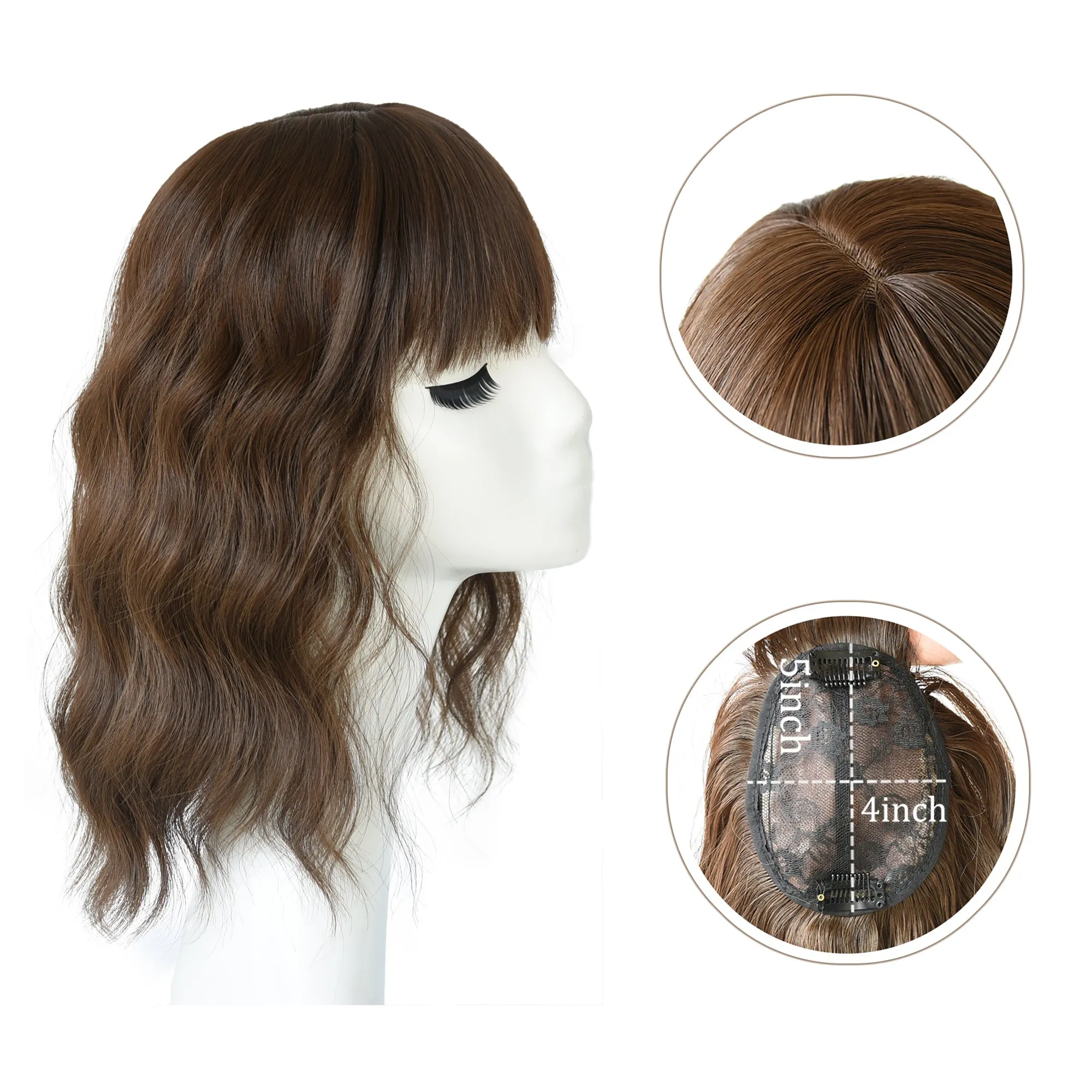 Viviabella Loose Water Wavy Hairpiece Clip in Fluffy Crown Topper With Choppy Bangs Synthetic Hair Toupee for Women Girls