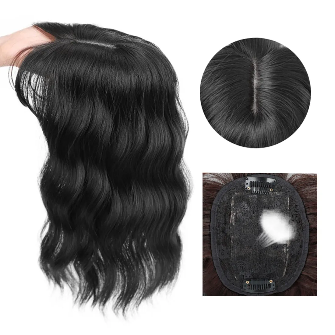 Viviabella Loose Water Wavy Hairpiece Clip in Fluffy Crown Topper With Choppy Bangs Synthetic Hair Toupee for Women Girls