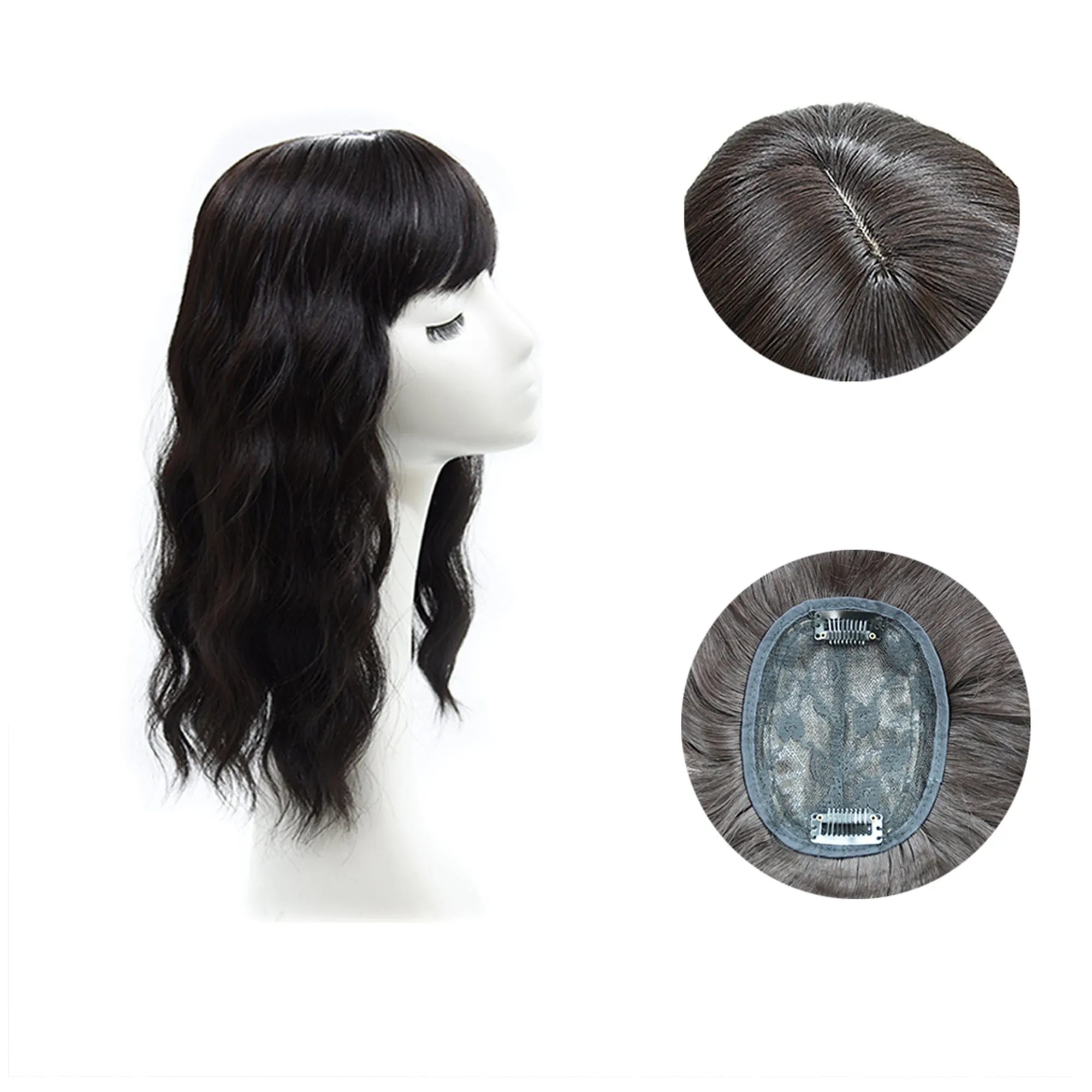 Viviabella Loose Water Wavy Hairpiece Clip in Fluffy Crown Topper With Choppy Bangs Synthetic Hair Toupee for Women Girls