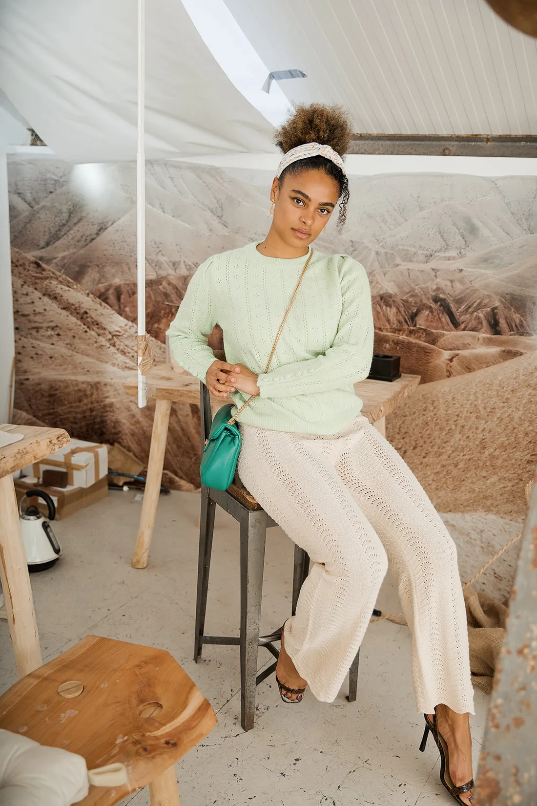 Wavy Pointelle Knit Flare Trousers
