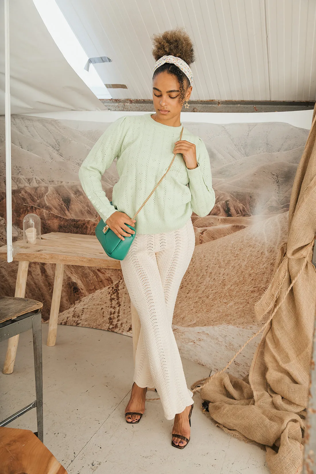 Wavy Pointelle Knit Flare Trousers