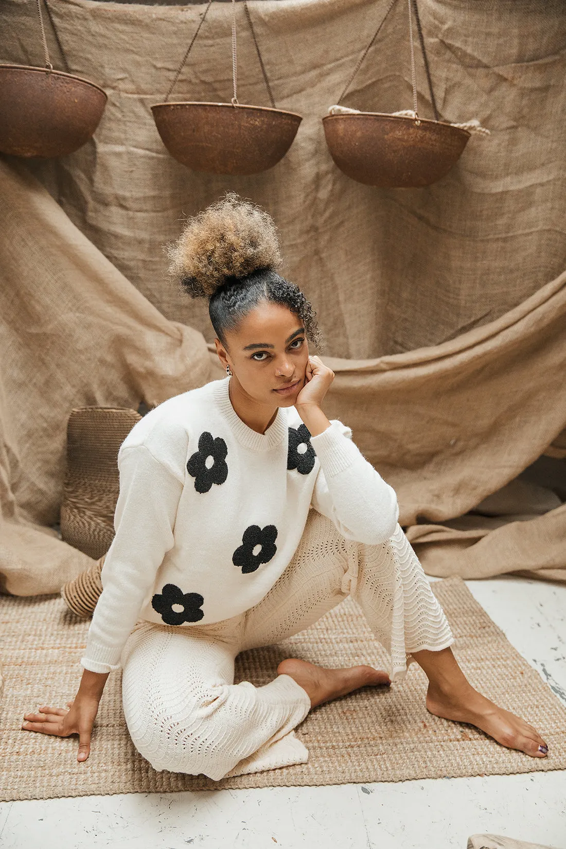 Wavy Pointelle Knit Flare Trousers