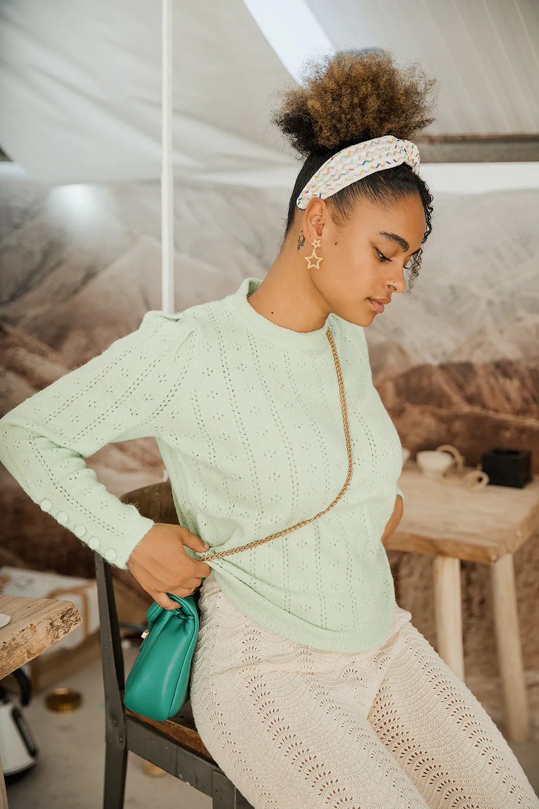 Wavy Pointelle Knit Flare Trousers