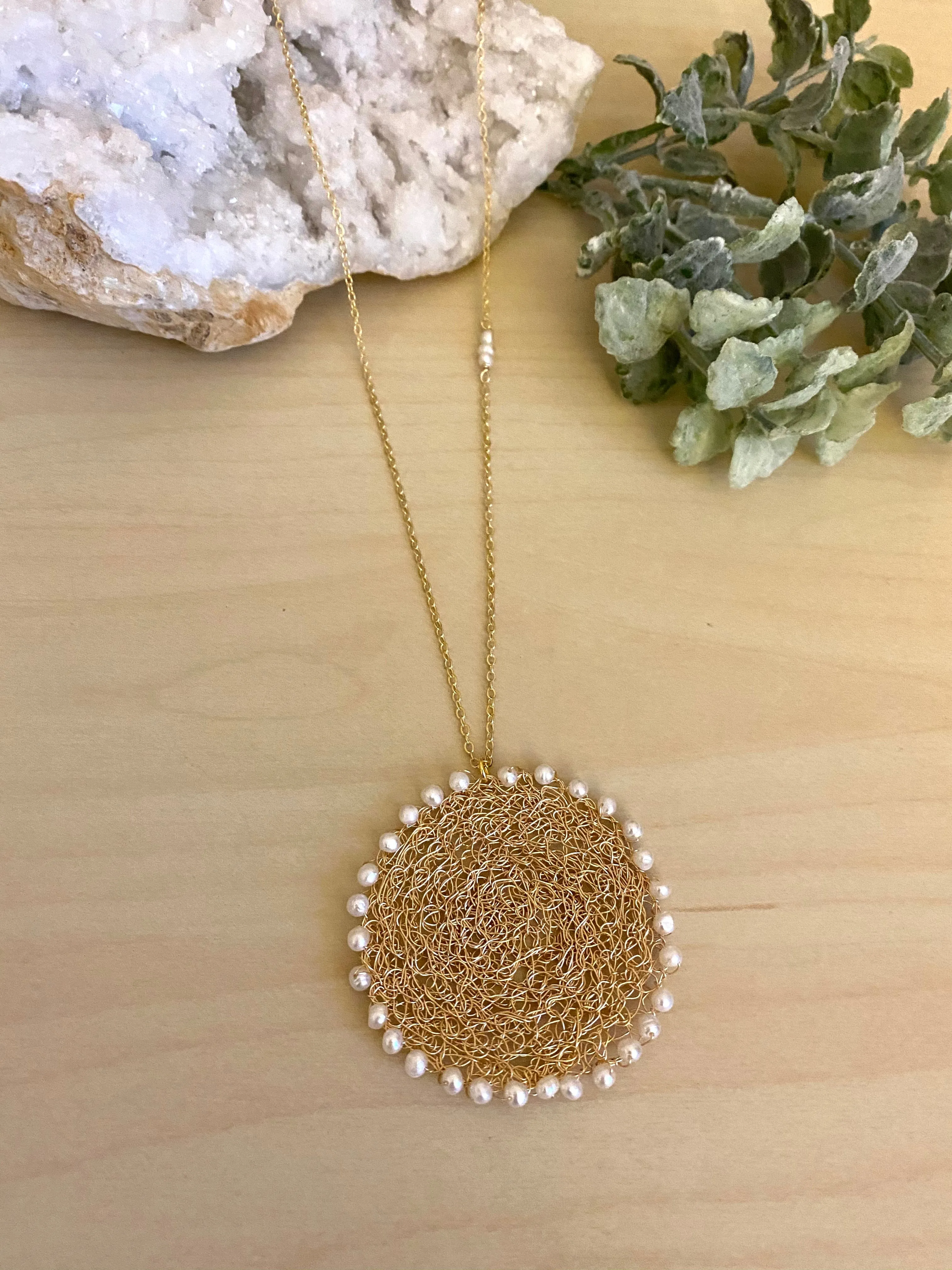 Wire Crochet Sunshine Necklace with Freshwater Pearls - Lacy Pendant Necklace with Pearl detailing