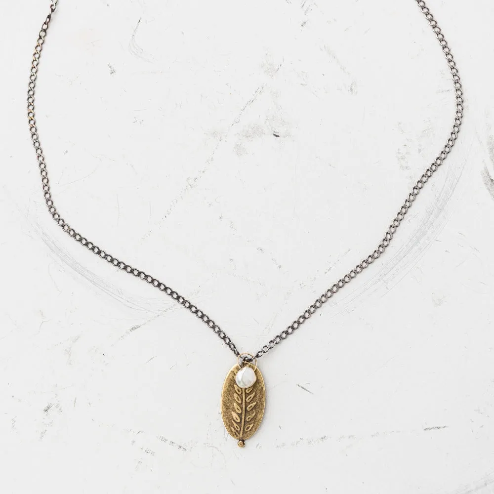 Yellow Bronze Fern Oval Necklace with Keshi Pearl