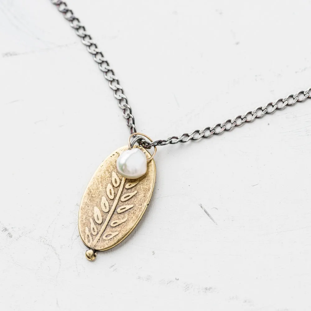 Yellow Bronze Fern Oval Necklace with Keshi Pearl