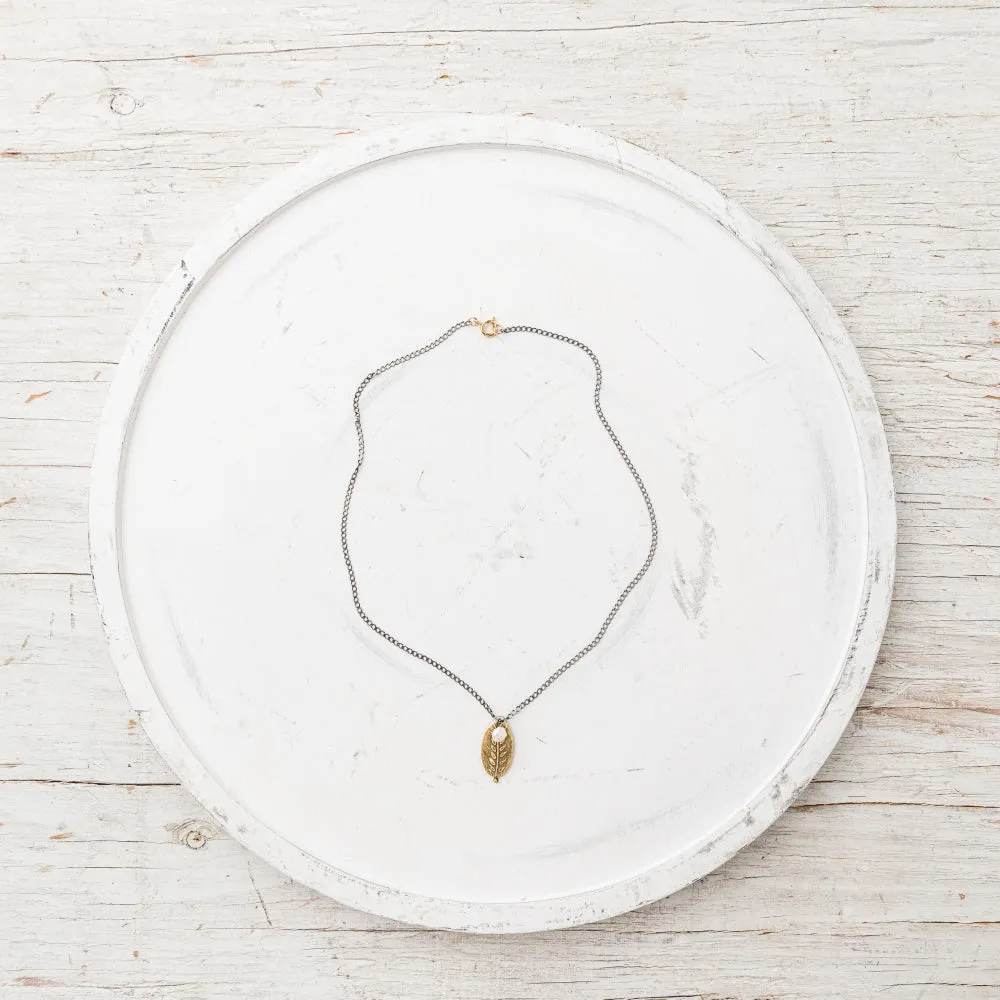 Yellow Bronze Fern Oval Necklace with Keshi Pearl