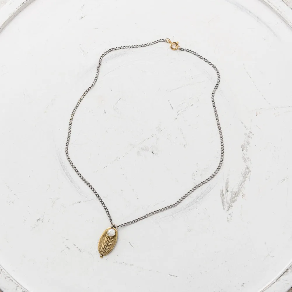 Yellow Bronze Fern Oval Necklace with Keshi Pearl