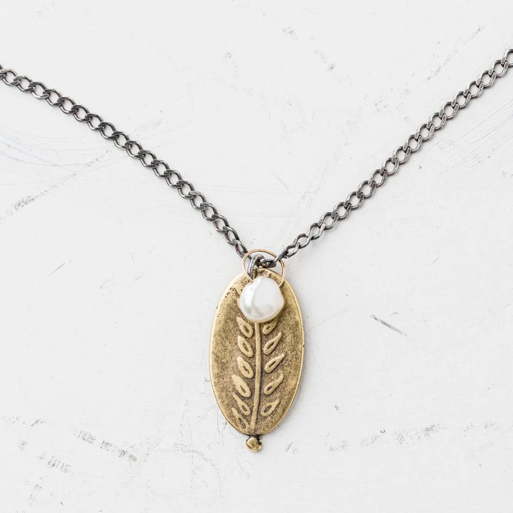 Yellow Bronze Fern Oval Necklace with Keshi Pearl
