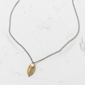 Yellow Bronze Fern Oval Necklace with Keshi Pearl